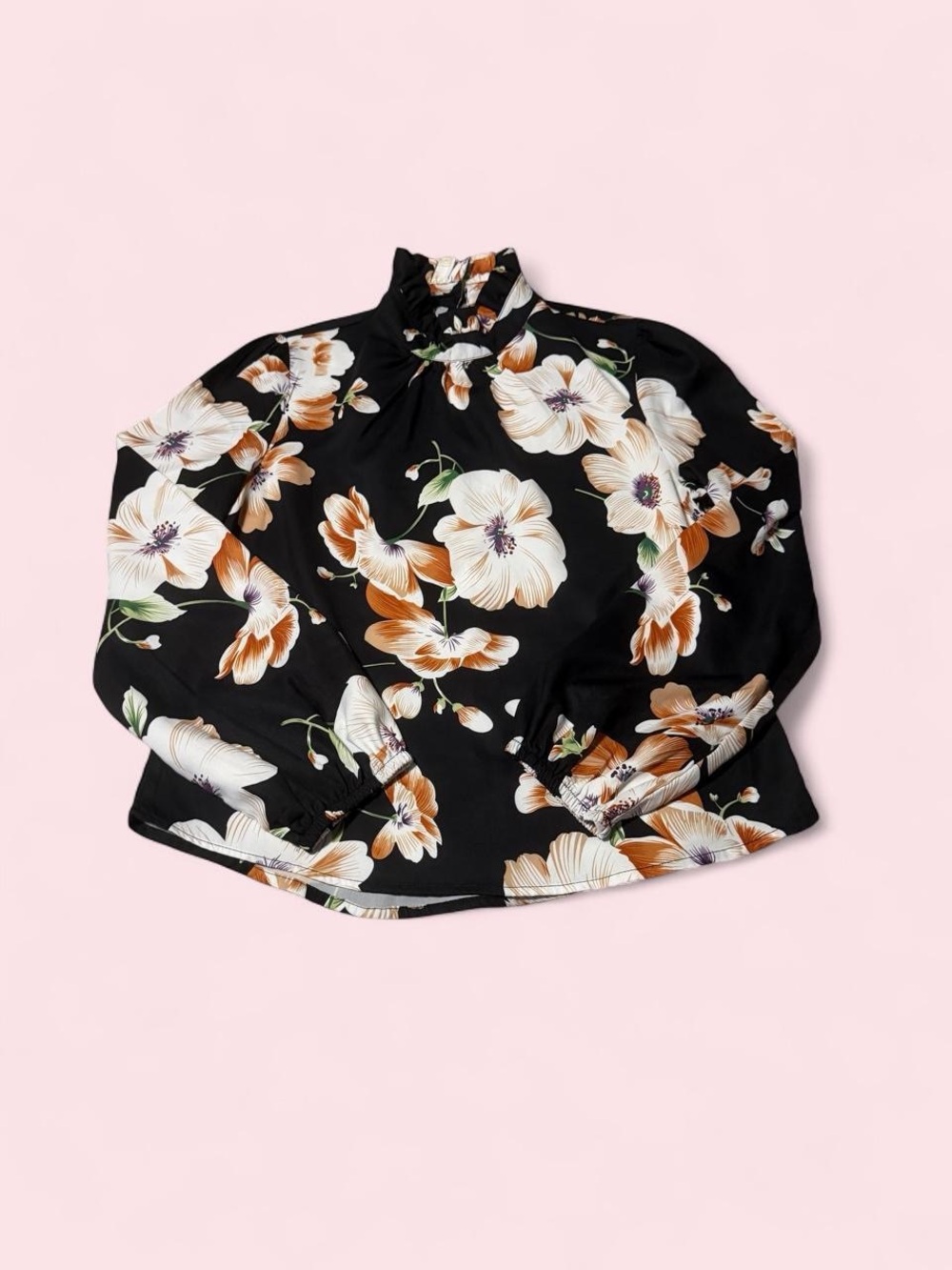 Black Floral High-Neck Long-Sleeve Blouse